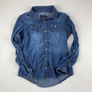 Ci Sono Pearl Snap Shirt Girls Small Blue Denim Roll Tab Sleeve Pockets